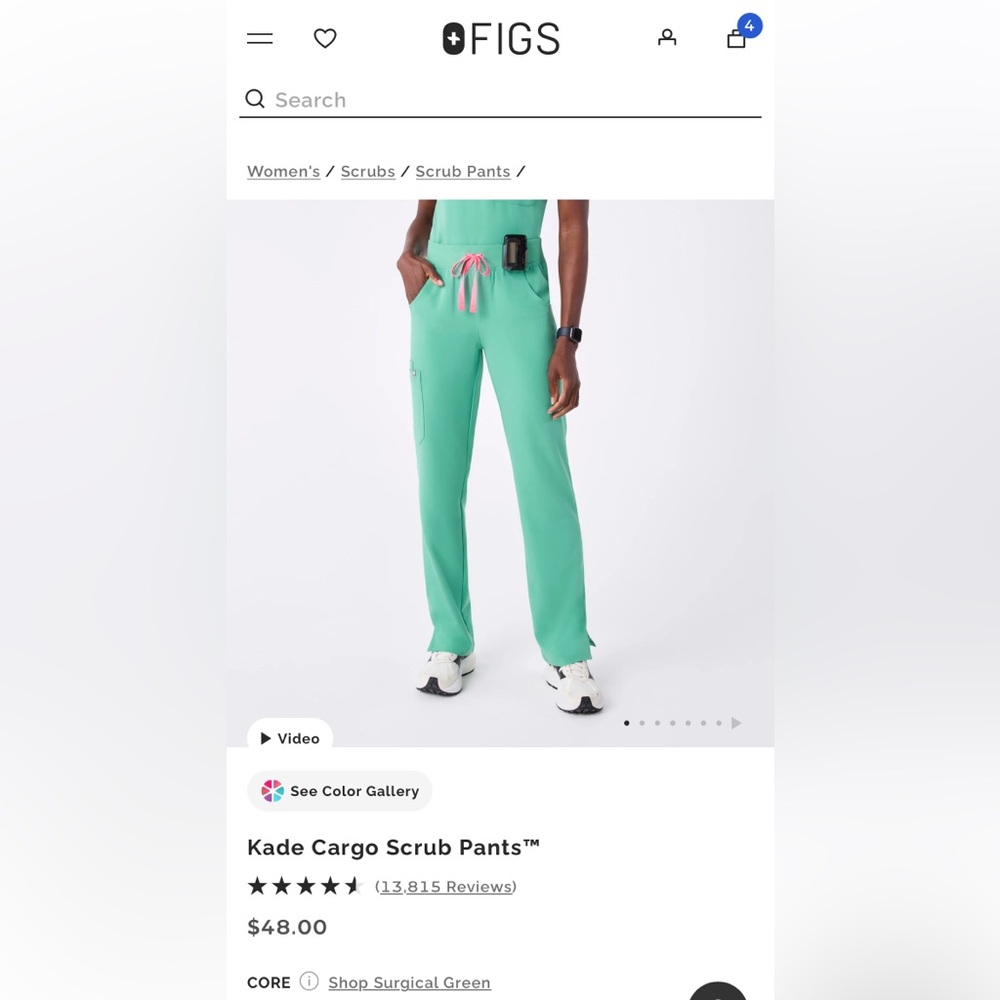 FIGS Kade Cargo Scrub Pants in Surgical Green with Pink Drawstring
